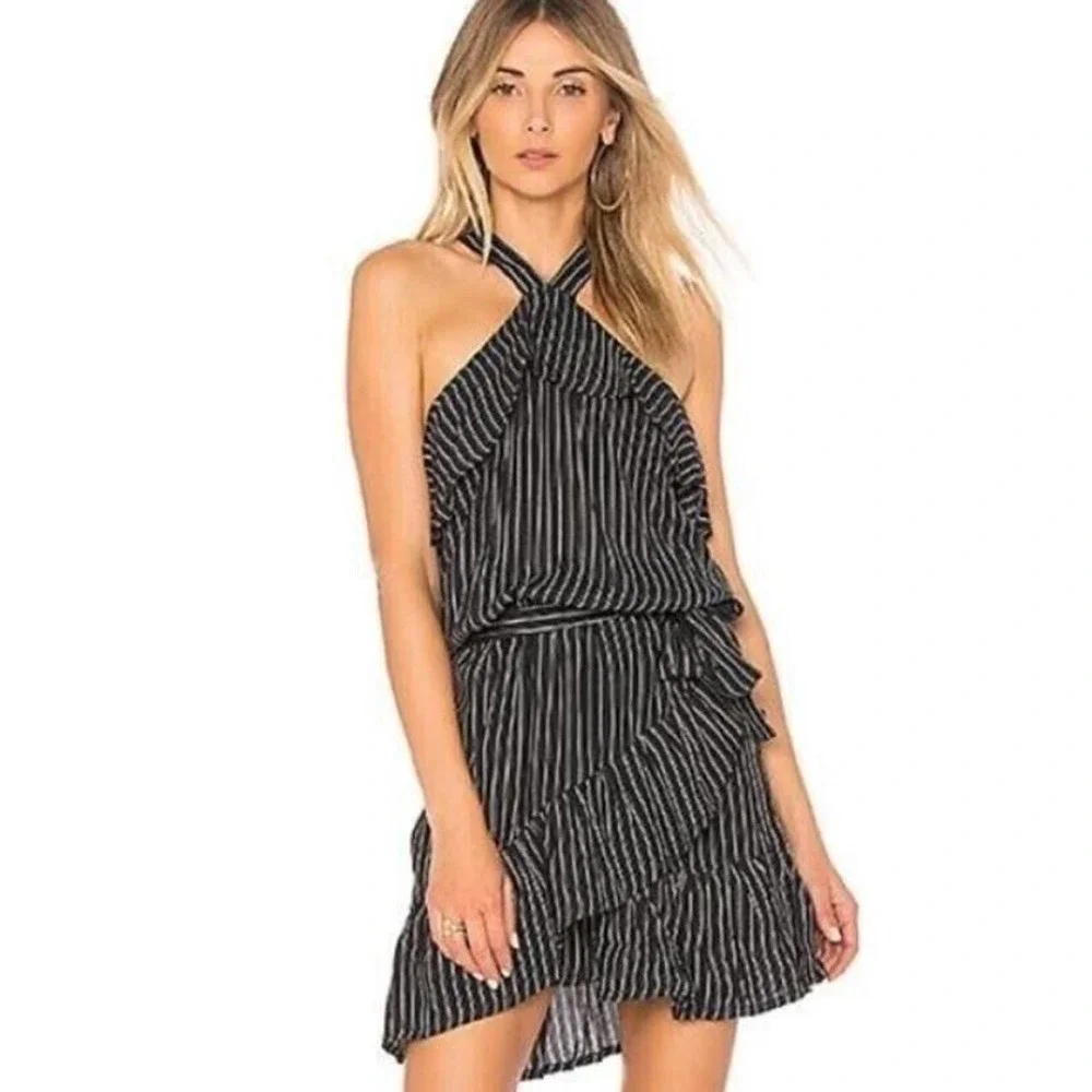 Faithfull the Brand Manarola Dress 2 XS San Cristobal Stripe Black Mini Ruffle - Picture 2 of 8